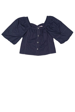 Elastic Off Shoulder Puff Sleeve Silver Button Down Top (Navy)